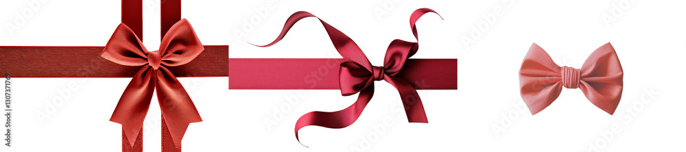 Aufkleber A flat lay with copy space shows a rolled red ribbon and a red bow isolated on a colored background from a top view perspective