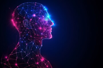 Abstract Visualization of the Human Mind with Bright Lights - The picture features a digital representation of a human head, made up of colorful dots and lines resembling a neural network.