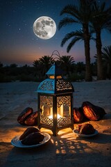 Ramadan Kareem Template, Islamic Lantern with a Candle, Arabic Traditional, using generative ai