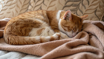 Cozy cat curled up on soft, textured fabric blanket, enjoying peaceful nap. warm tones of cat fur blend harmoniously with blanket, creating serene atmosphere