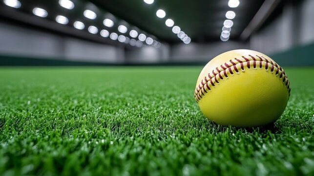 A well-lit indoor batting cage filled with softballs, highlighting athletic competition, meticulousness, and practice sessions