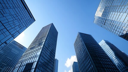 A modern financial district featuring tall office buildings in a vibrant urban setting.