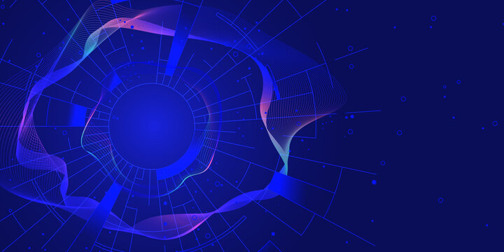 abstract blue graphic background. A digital vortex with neon blue and purple highlights, perfect for AI, cyberspace, and virtual reality themes.
