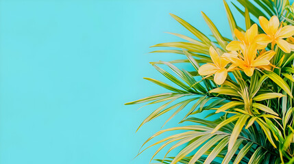 Yellow flowers, palm leaves, blue background, summer