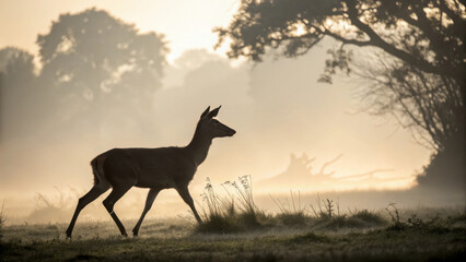Elegant silhouette of deer standing in misty morning light, showcasing nature beauty and tranquility. serene atmosphere enhances peaceful scene