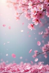 Soft pastel pink gradient with cherry blossom petals falling, flowers, background