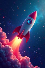 Space rocket flying through colorful galaxy with shooting stars, universe, discovery