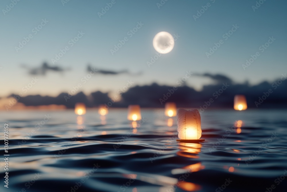 Wall mural serenity by the ocean under a full moon with drifting lanterns illuminating the waves