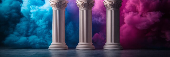 Three stately white marble pillars, set against a backdrop of blue and purple mist in a softly illuminated space, evoke a sense of mystery and drama