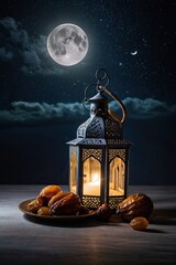 Ramadan Kareem Template, Islamic Lantern with a Candle, Arabic Traditional Wallpaper, using generative ai