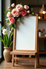 Obraz premium Wooden product display stand with elegant floral arrangement in vintage setting, bouquet, elegant