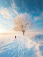 Child, frosty tree, winter sunrise, snowy field, postcard