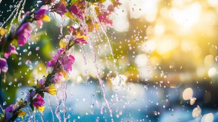 Vibrant water splashes with floral garlands and Thai patterns, celebrating Songkran's festive and refreshing spirit.