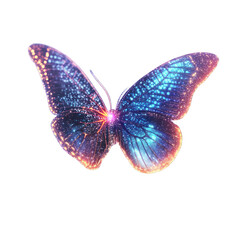 A glowing, holographic butterfly fluttering in a tech-inspired environment, isolated on white background.