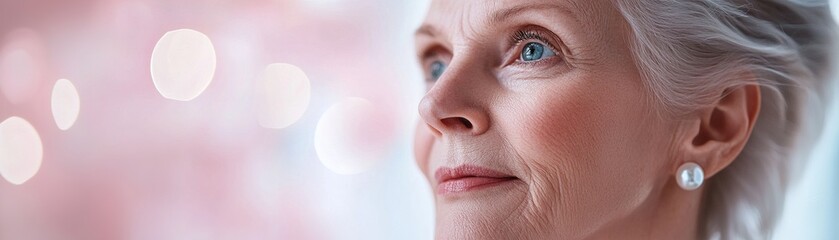 Fototapeta premium An elderly woman gazes thoughtfully, her radiant skin adorned with delicate pearl-like droplets. Soft pastel lighting enhances the serene atmosphere, emphasizing beauty and grace