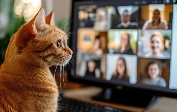Orange cat watches online meeting with multiple participants