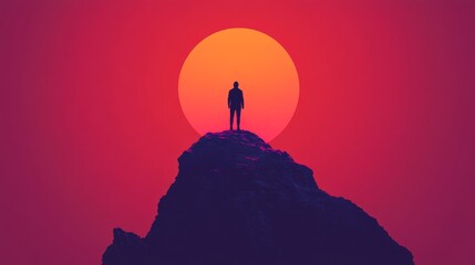 Against the backdrop of a glowing pink sunset, a hiker is seen atop a mountain peak, gazing over a series of mountains