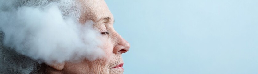 An elderly woman is portrayed in a surreal setting where her face seamlessly blends into a cloudy sky. The soft-focus effect enhances the dreamlike quality of the artwork, suggesting tranquility