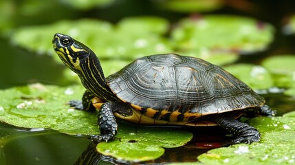 Fototapeta premium Yellow-bellied slider turtle basking on a lily pad.