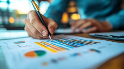 Naklejka premium Analyzing data with graphs and charts on desk