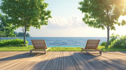 Obraz premium Relaxing view from a deck overlooking the calm ocean waves