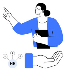 Woman holding file and pointing ahead, HR network diagrams, open hand symbolizing guidance and support. Ideal for leadership, human resource, teamwork, employee management, mentoring, career growth