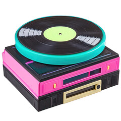 Fototapeta premium A set of retro cassette tapes with neon accents, resting on a vintage record player, isolated on white background.