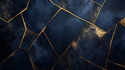 Decorative abstract background of textured blue panels with golden accents