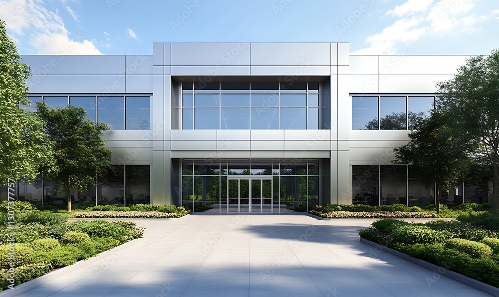 Poster a modern corporate office building featuring a sleek metallic design captured in high-resolution.