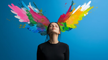 Woman with vibrant paint wings symbolizing creativity, freedom, and imagination, perfect for artistic expression, innovation, and personal growth concepts