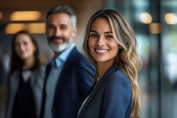 confident woman smiles in professional setting with colleagues