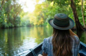 Fototapeta premium In a green lagoon, a woman is seated on the bow of a long-tail boat, with an exotic, colorful beach and jungle mountain behind her
