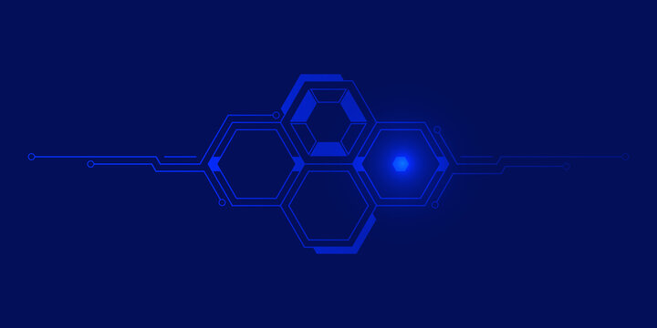 Abstract technology background with interconnected hexagons and blue glowing circuits, ideal for AI and IT industry visuals. - Powered by Adobe