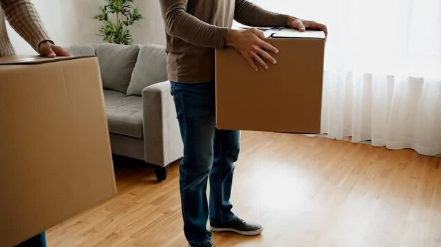 Two movers are lifting a large cardboard box in a new apartment