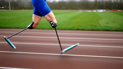 Athlete with prosthetic legs running on track - Powered by Adobe