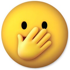 Fototapeta premium A bright yellow emoji with black eyes and a hand covering its mouth. The mouth is slightly open, revealing a red interior. The emoji has a subtle 3D appearance.