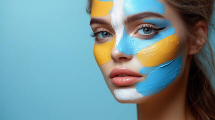 Stunning close-up of a woman with artistic blue and yellow paint strokes on her face, symbolizing creativity, self-expression, and modern beauty trends, perfect for cosmetic campaigns 