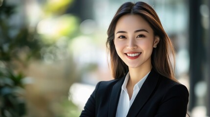 A smiling woman wearing a professional black business suit