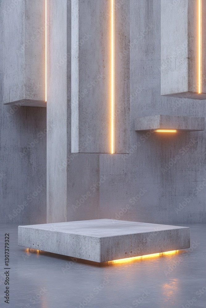 Poster massive concrete towers float in a moody atmosphere, illuminated by lines of abstract light. the spa