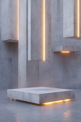 Massive concrete towers float in a moody atmosphere, illuminated by lines of abstract light. The space encourages imagination and creativity with its unique design elements