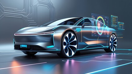Naklejka premium Future Car Software Technology. Self-Driving Car, Autonomous Vehicle, Driverless Car, Robo-Car.