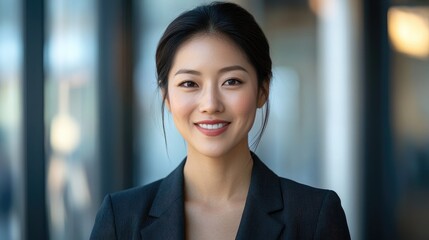 Beautiful asian woman in professional attire smiles directly at camera