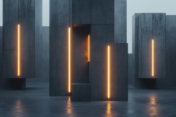 Massive concrete towers are suspended in space, illuminated by abstract light panels, creating a surreal atmosphere. The design emphasizes a cinematic quality with ample room for text