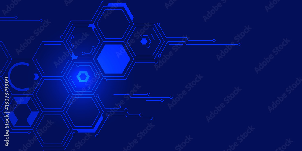 Aufkleber abstract background. hexagonal tech interface with glowing nodes and circuit lines, suitable for blo