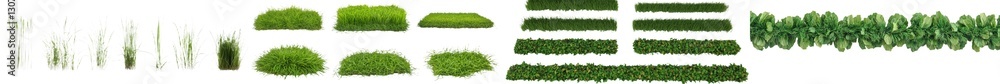 Poster The 3D render presents a 3D illustration of a collection of green grass borders, which seamlessly loop horizontally and are isolated on a white background