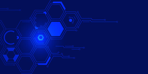 Abstract background. Hexagonal tech interface with glowing nodes and circuit lines, suitable for blockchain, cybersecurity, and data visualization. Ideal for web, apps, presentations.