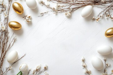 Obraz premium Elegant Golden And White Easter Eggs Nestled Amongst Delicate Spring Blossoms On A Pristine White Background Creating A Festive And Hopeful Atmosphere
