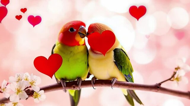 Two love birds sitting on a branch with hearts in the background