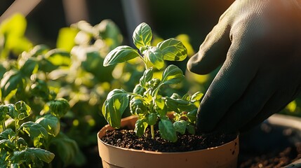 Gardener tending basil seedlings in a greenhouse