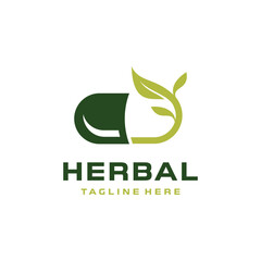 Herbal capsule pill leaf medicine logo vector icon illustration